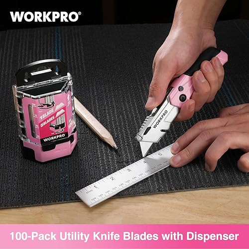 Miniatura 6 de WORKPRO Cuchillas para cuchillos utilitarios, paquete de 100 cuchillas de repuesto con dispensador, acero al carbono SK5, cinta rosa