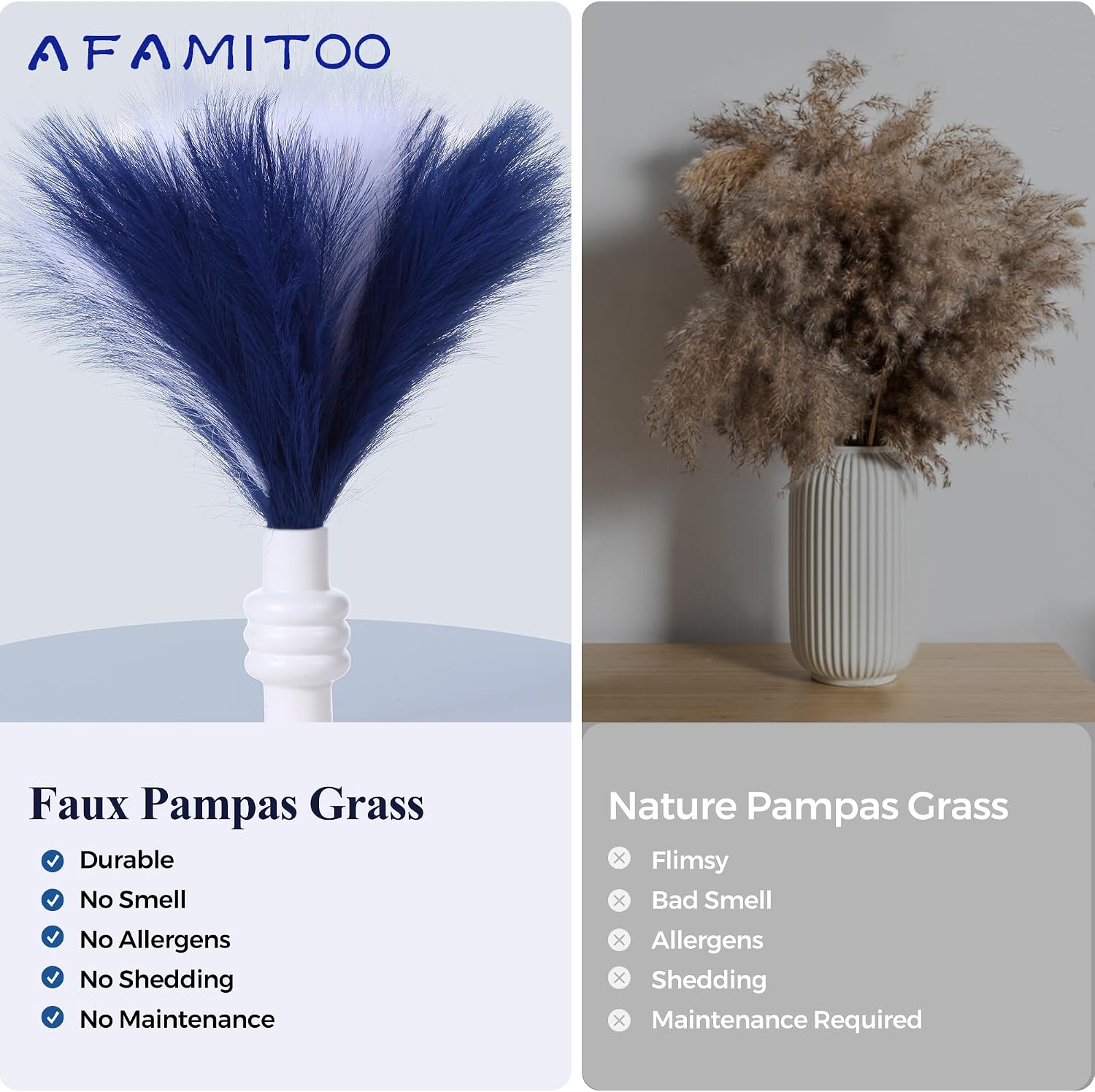 Blue Pampas Grass Decor 17.7 Inch 6 Pcs for Home Wedding Party, Small Vase