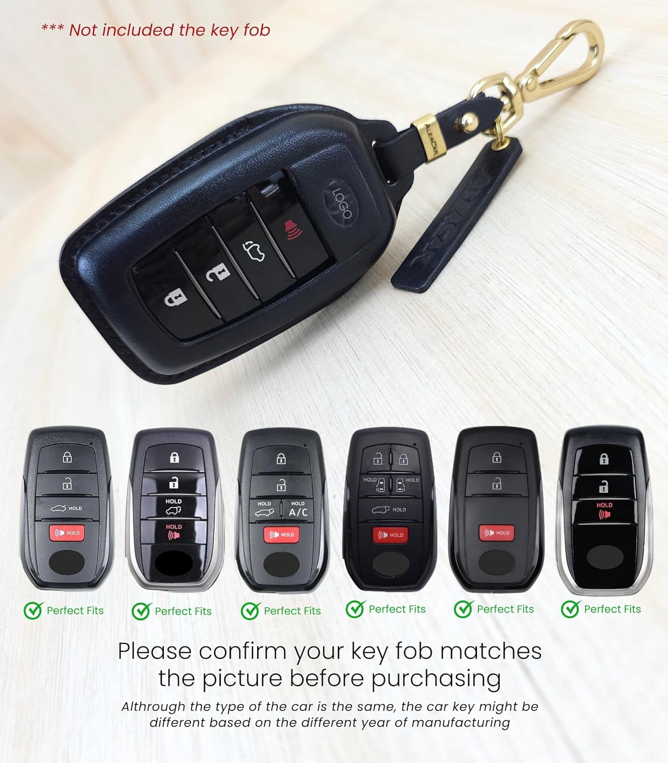 Premium Leather Key Fob Cover with Keychain, Accessories for Toyota, Protector and Fits Camry 2025, Tundra 2022-2025, Tacoma, Sequoia, Sienna, 2024 RAV4, Highlander, Corolla Cross (Black)