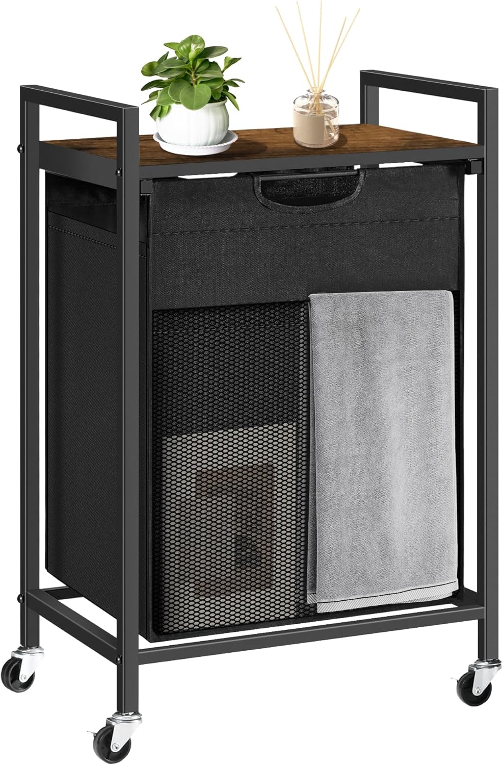 Laundry Basket, Laundry Hamper with 1 Pull-Out Removable Oxford Fabric Bag, 1 x 18.3 Gallons, Total 69L, Cloth Laundry Sorter with a Top Shelf 20"x13" (Black and Rust)