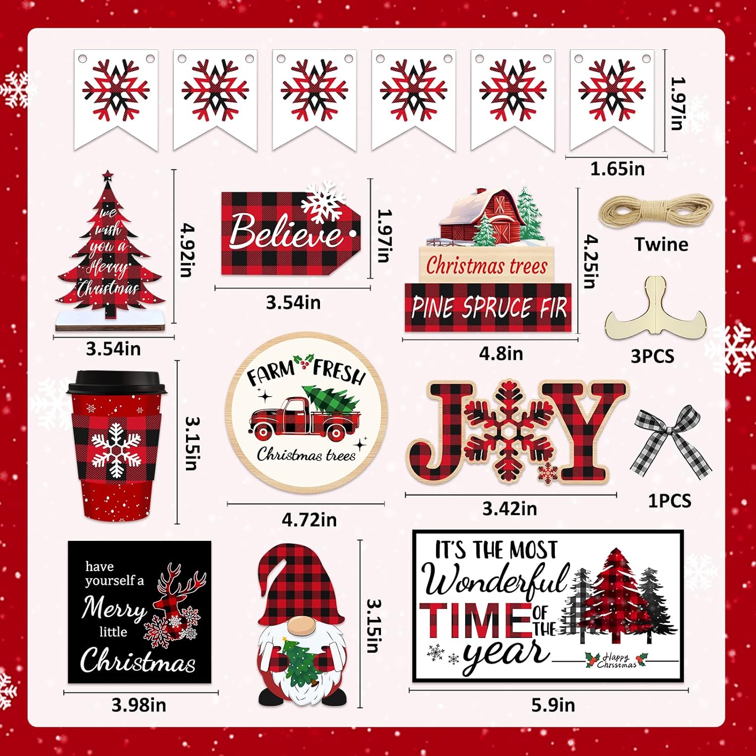 20 Pcs Christmas Tiered Tray Decor - Christmas Decorations Indoor Table Centerpieces Red and Black Buffalo Plaid Tray Decor with Snowflake, Xmas Tree, Gnome Wooden Signs for Home Shelf Decor - Image 3