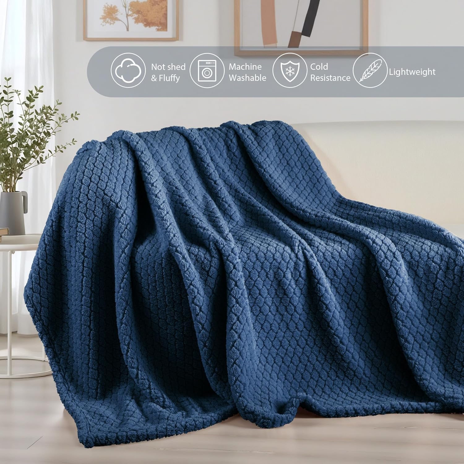 Exclusivo Mezcla Queen Size Fleece Blanket for Bed, Extra Soft Warm Decorative Fuzzy Blanket for Women, Lightweight Cozy Bedding Blankets, 90x90 Inches, Navy Blue - Image 6