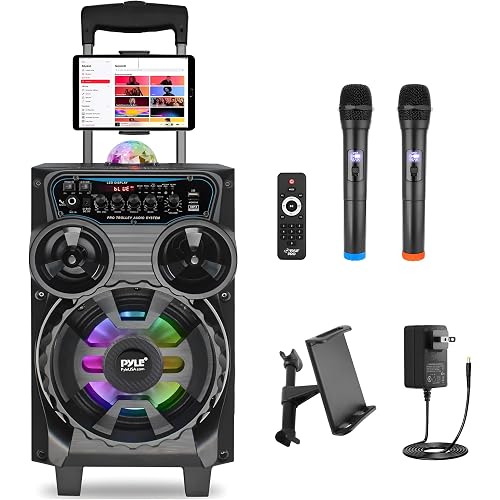 Pyle Portable Bluetooth PA Speaker - 580W 8” Rechargeable Outdoor BT Karaoke Audio System - TWS, Disco Party Lights, LED Display, FM/AUX/MP3/USB/SD, 6.5mm in, Trolley, Wheels - Wireless Mic, Remote