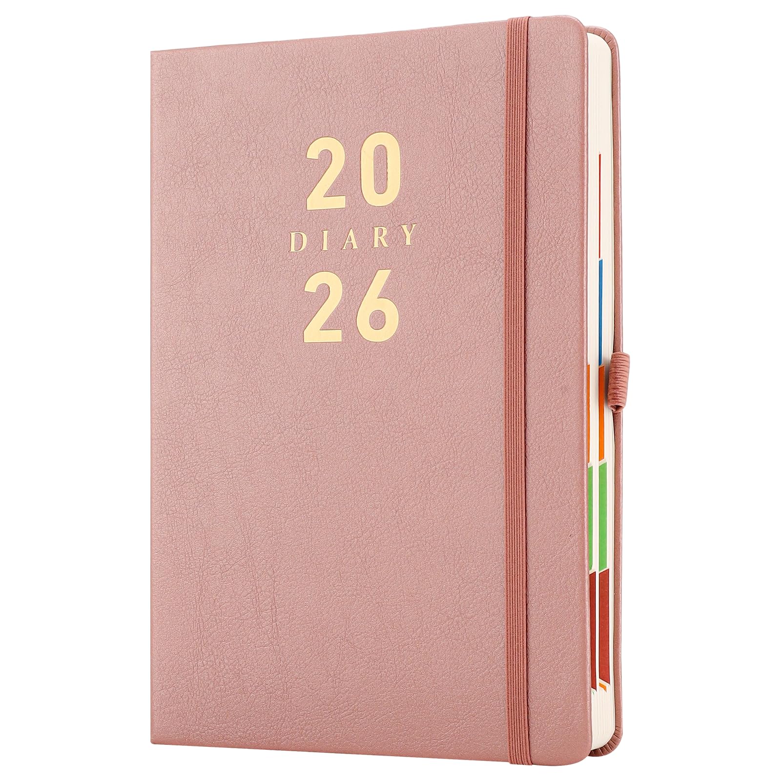 Mljtoyo 2026 Diary Planner A5,Daily Organizer Planner 2026 Page a Day,Colour Side Tabs, Hardcover Full page Diary,Pen Holder,Rose Gold
