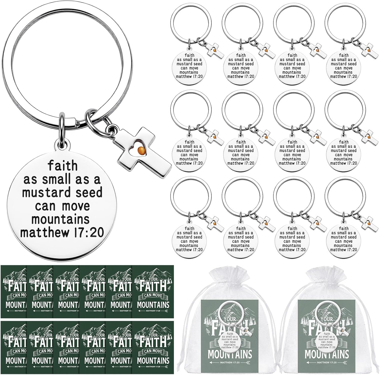 Mustard Seed Keychain Christian Gifts Bulk with Seed 12 Pack Scripture Cards Organza Bags Christian Matthew 17: 20 Keychains Inspirational Faith Gifts for Baptism Religious Events
