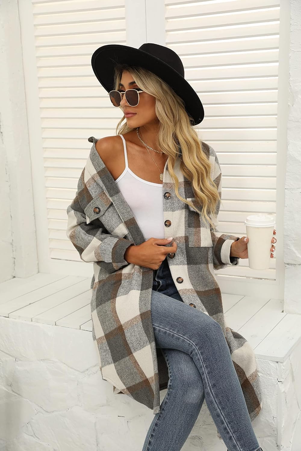 PUWEI Women's Long Flannel Plaid Jacket Shacket Cozy Lapel Button Down Shirt Jacket Fuzzy Trench Coat - Image 6