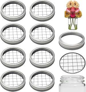 8 Sets Mason Jar Flower Frog Lids, Wide Mouth 86mm Metal Grid Insert, Floral Arrangement Organizer for Canning Jars, Square Hole Flower Holder Lid Accessories