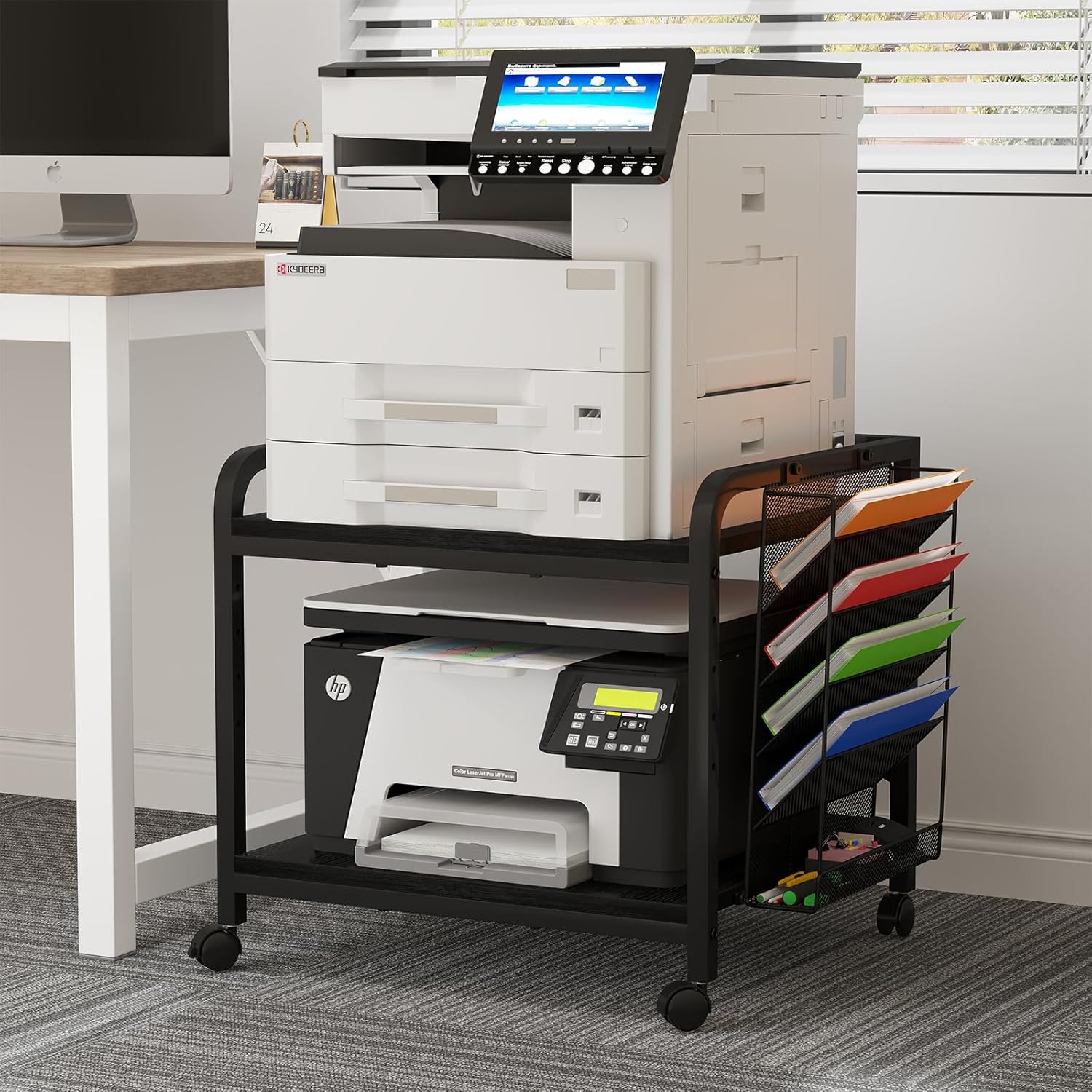 EasyCom 24"x20" Large Printer Stand with Hanging File Holder Organizer, Adjustable Height Shelf with Wheels, Under Desk Table with Storage for Printer Scanner Fax Home Office Use Black