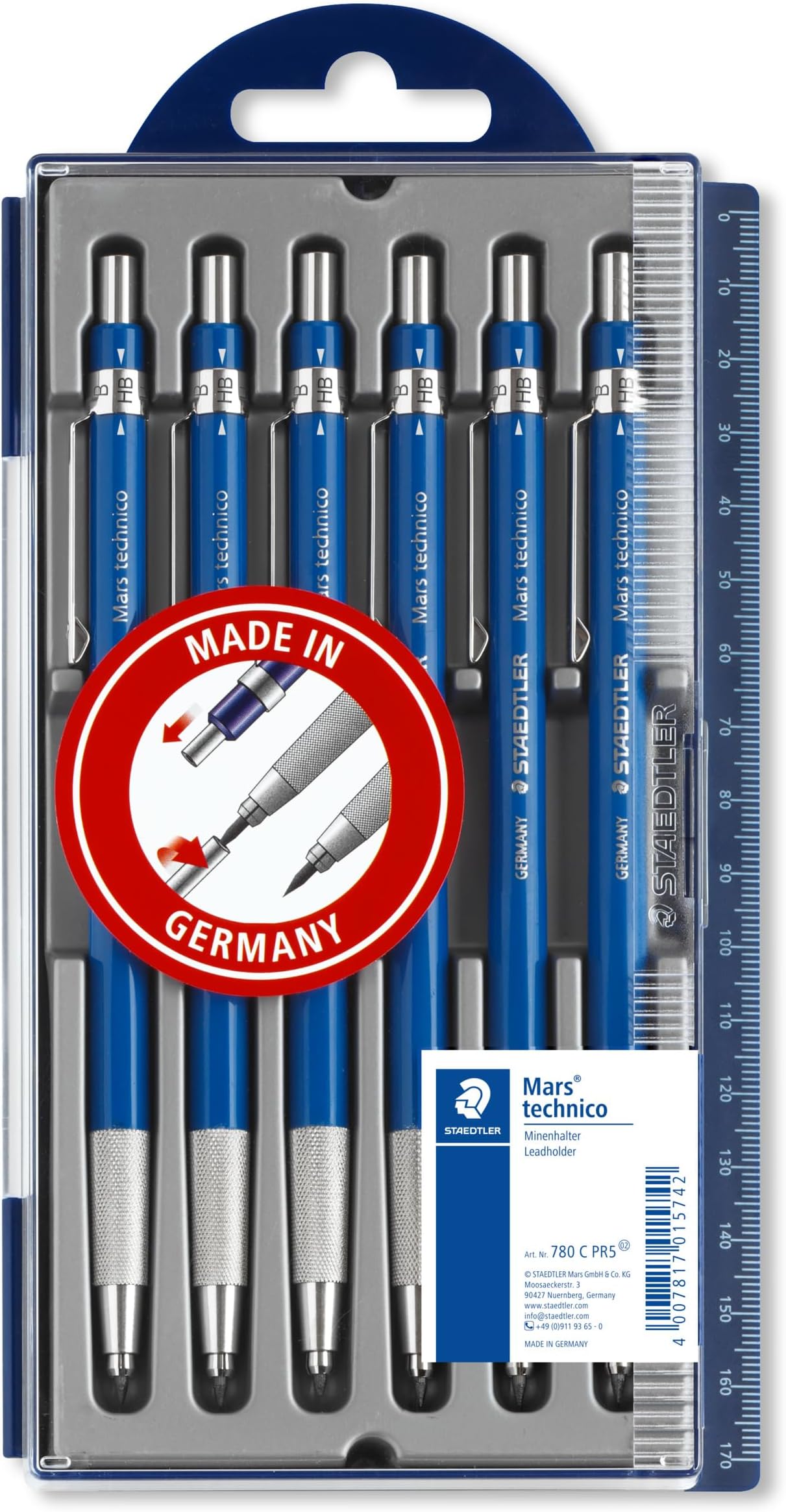 STAEDTLER 780 C PR5 Mars Technico Leadholder Clutch Pencil with Built-in Sharpener - HB, 2mm Line Width (Pack of 6)