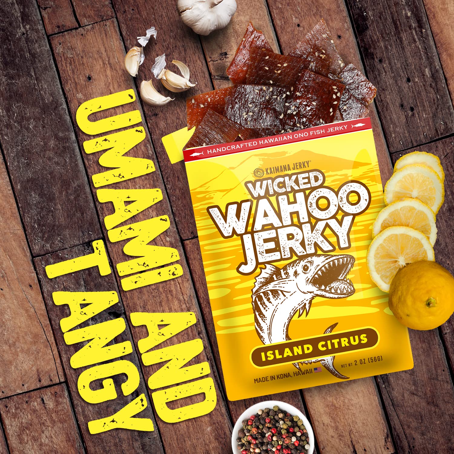 Island Citrus Wahoo Ono Fish Jerky - Zesty Umami Flavor - Artisan Crafted - Gourmet Dried Fish Strips Rich in Omega-3 & Protein - Low-Calorie Seafood Snack with Low Sodium & Sugar - 2 Ounce (3 Pack)