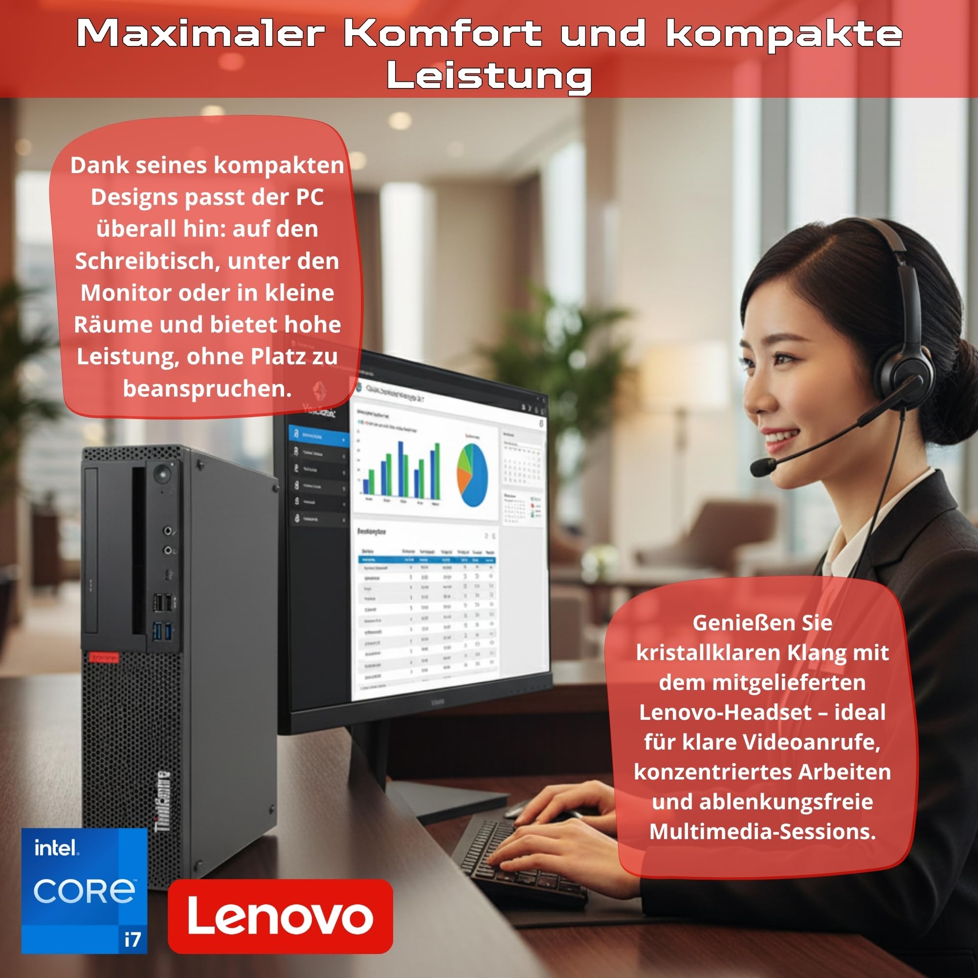 Lenovo Kompletter PC Desktop Intel Core i7 bis zu 4,70 GHz | RAM 16 GB | SSD 2000 GB | 32 Zoll FullHD Monitor mit Audio inkl. Wifi Win 11 Kopfhörer Essential Stereo