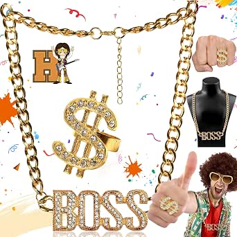 Set 4 Accessori Rapper Hip Hop Oro – Collane Con Segno Del Dollaro, Bracciali, Per Costume Carnevale E Feste A Tema