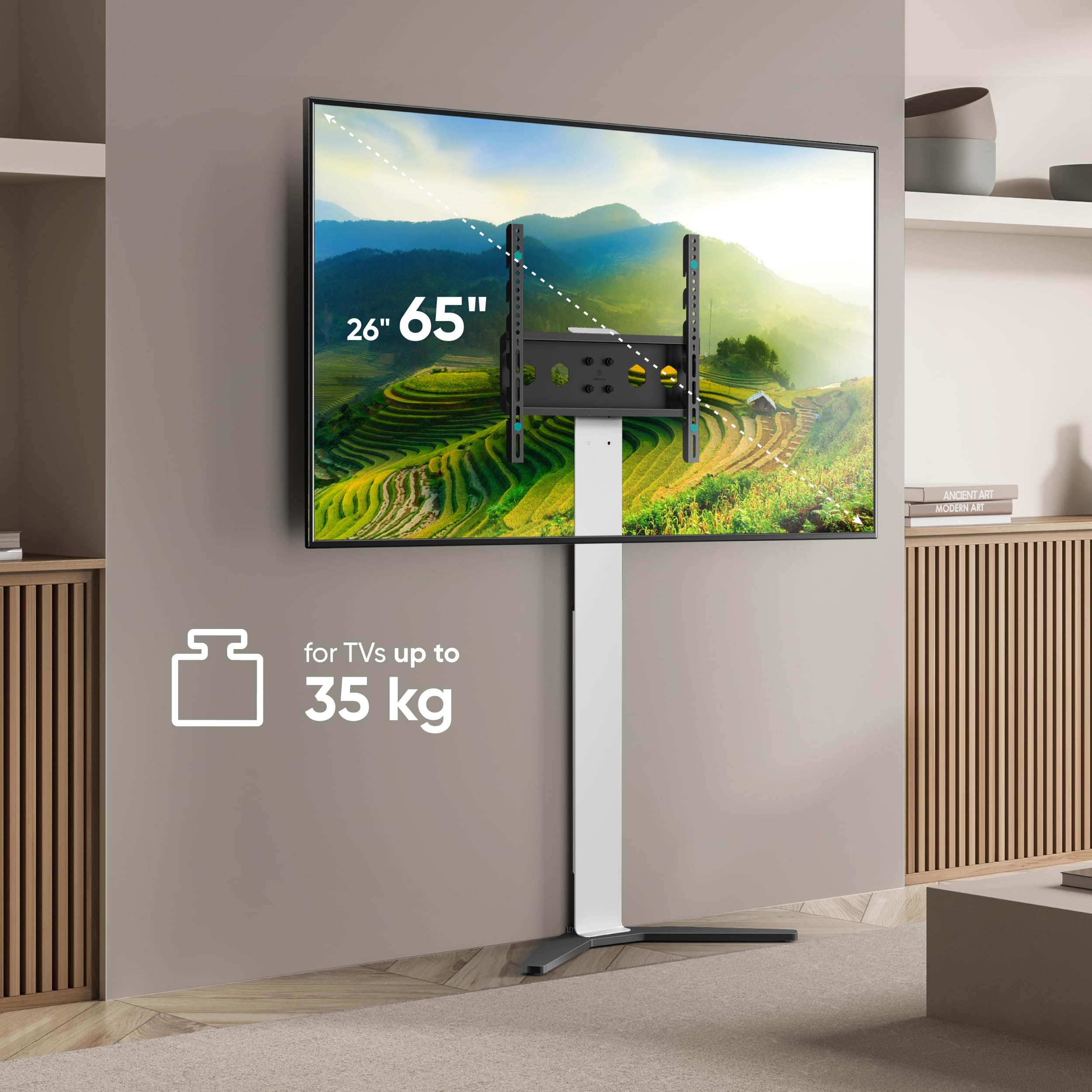 ONKRON Stojak podłogowy na telewizor dla ekranów 26-65 cali do 35 kg - Kompaktowy, regulowany stojak na telewizor max VESA 400x400 - Uniwersalna podstawka/uchwyt na telewizor, biały TS1140-W