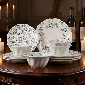 Ceramic Dinnerware Set 12-Piece Scalloped Edge Dish Set for 4 Vintage Floral Elegant Kitchen Dinner Plates Bowls for Daily Use & Party Microwave & Dishwasher Safe