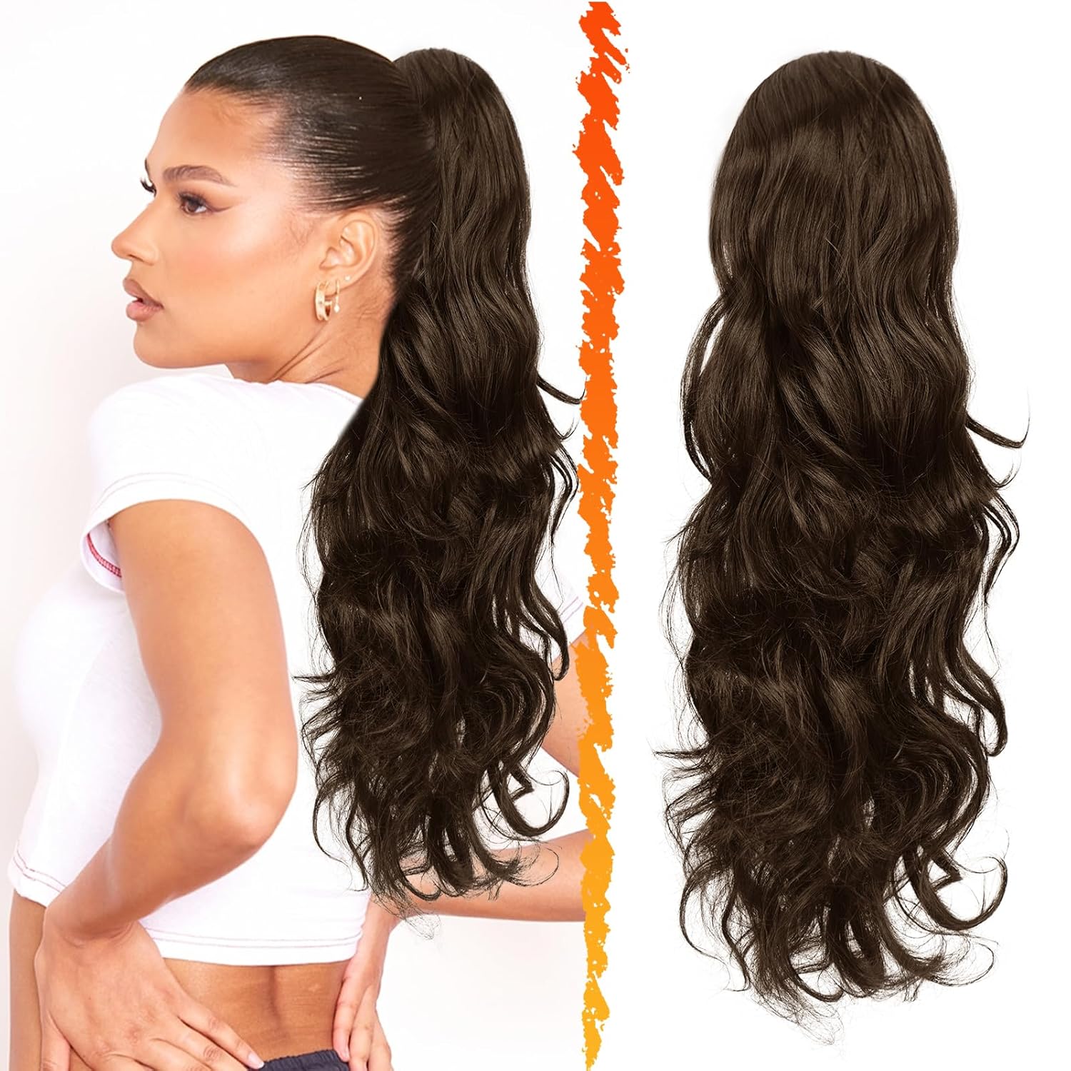 BARSDAR Ponytail Extension - 26 Inch Long Wavy Drawstring Ponytail Extension for Women - Drawstring Ponytail Hair Extensions Synthetic Clip in Pony Tail Hairpieces Daily - Brown & Auburn Mixed