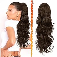 Vista 24 de BARSDAR Extensión de cola de caballo rojo burdeos, extensiones de cabello ondulado con cordón de 16 pulgadas para mujer, extensiones de cabello