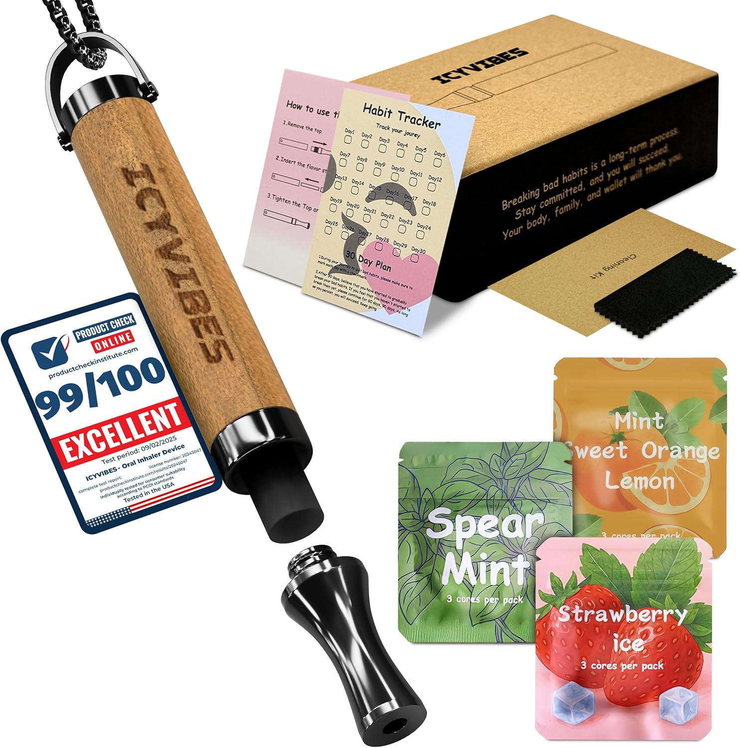 Premium Flavored Wooden Oral Inhaler vaporless Device with 15 Filters Upgraded Herbal Extracts Portable Natural Breathing Support Aroma Free Ideal Gifts for Men & Women Unique Ripple (Dark Wood)