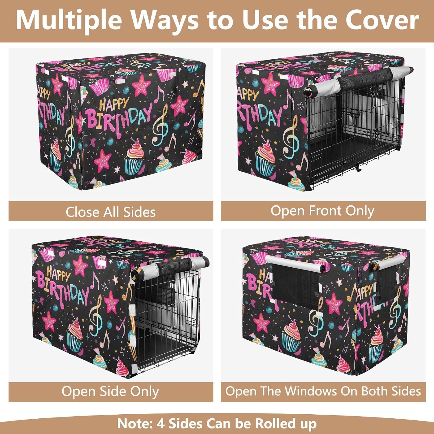 Birthday Elements Dog Crate Covers S-XL UV-Resistant Pet Kennel Cover with Mesh Windows, Reduces Barking, Large