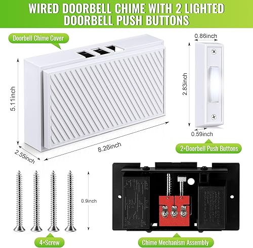 Miniatura 2 de Saillong Kit de timbre con cable, 2 botones de timbre iluminados de 16 V 10 VA con 2 notas para puerta delantera, trasera y timbre para pared