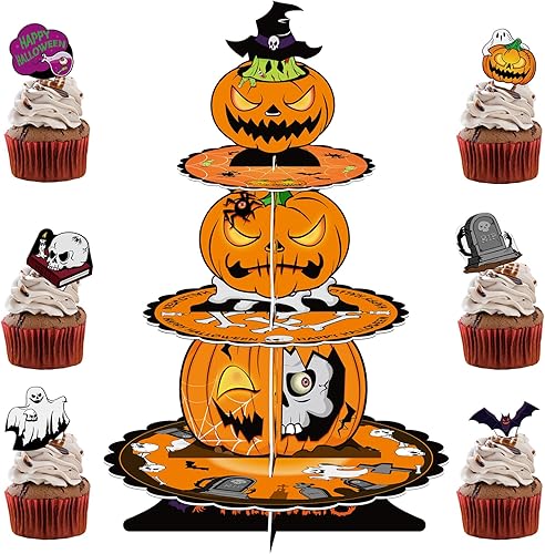 Miniatura 1 de WEEPA Soporte para cupcakes de calabaza de Halloween, 3 niveles, soporte de cartón para cupcakes, decoraciones de fiesta de Halloween, torre, postre