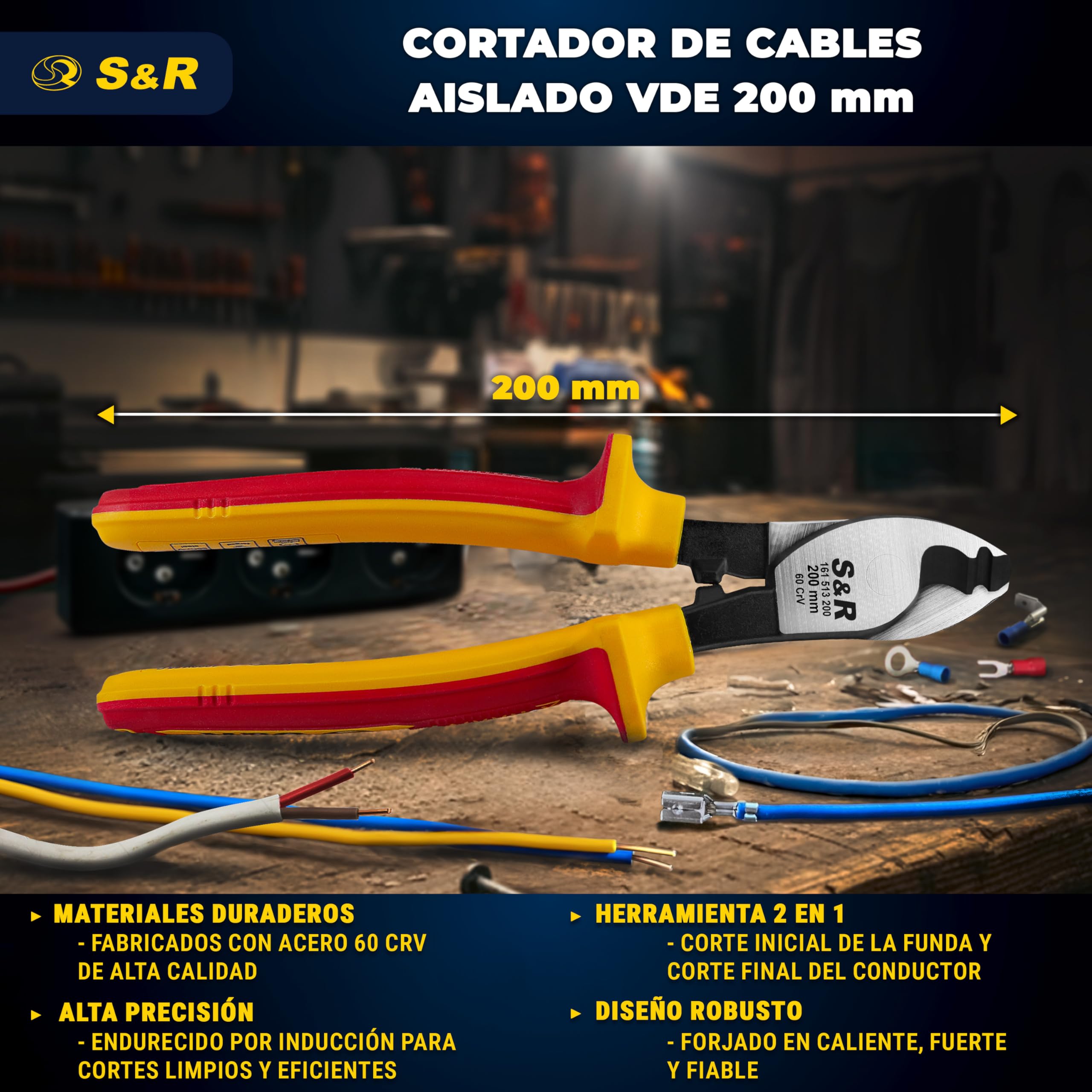S&R Alicate Cortacables electricista aislada VDE hasta 1000 V - Cortador Alambre 20 cm acero 70C dureza 66 HRC