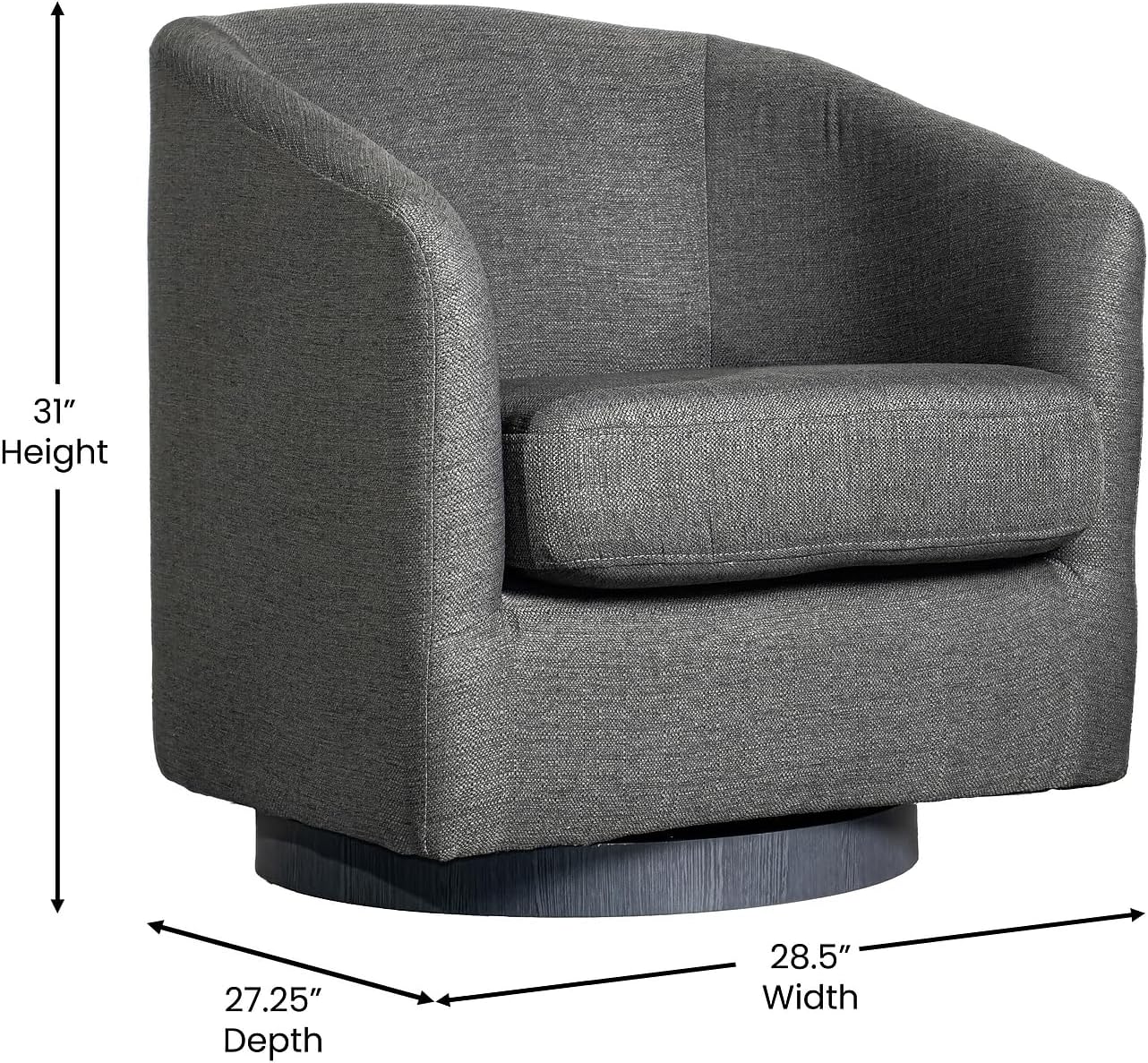 Flash Furniture Landon Upholstered Barrel Chair, Commercial 360° Swivel Club Style Chair, Sloped Armrests, Woodgrain Vinyl Wrapped Metal Base, Dark Gray Fabric