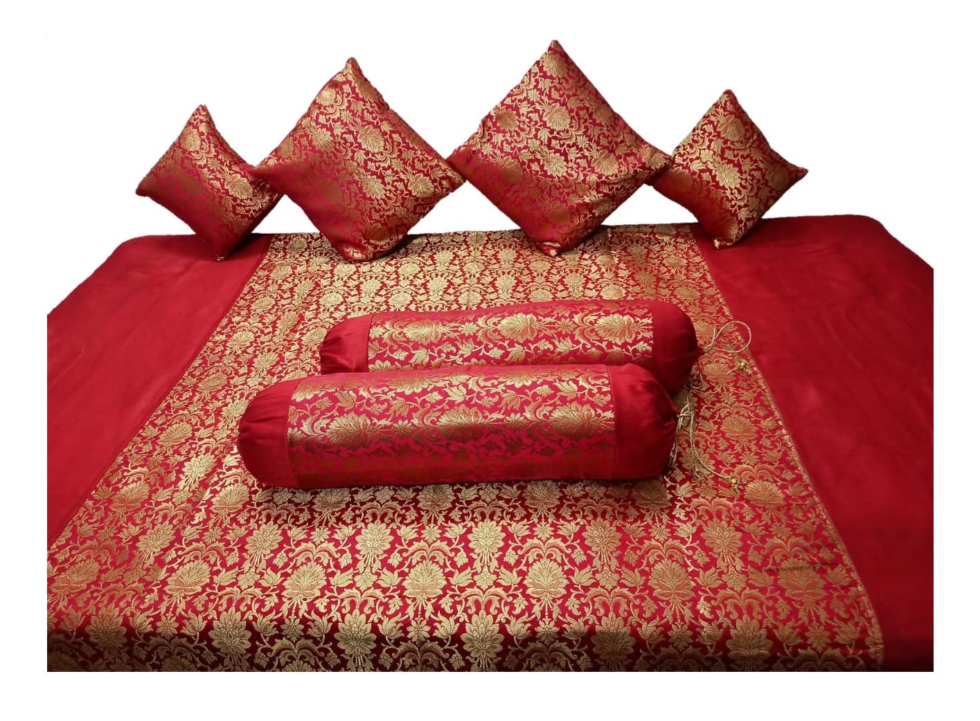 Kashiya Banarasi Brocade with Zari Embroidery Silk Fabric Floral Pattern Diwan Set of Bed Sheet, 2 Bolster Cover and 4 Cushion Cover (Red, Standard)-picture-25