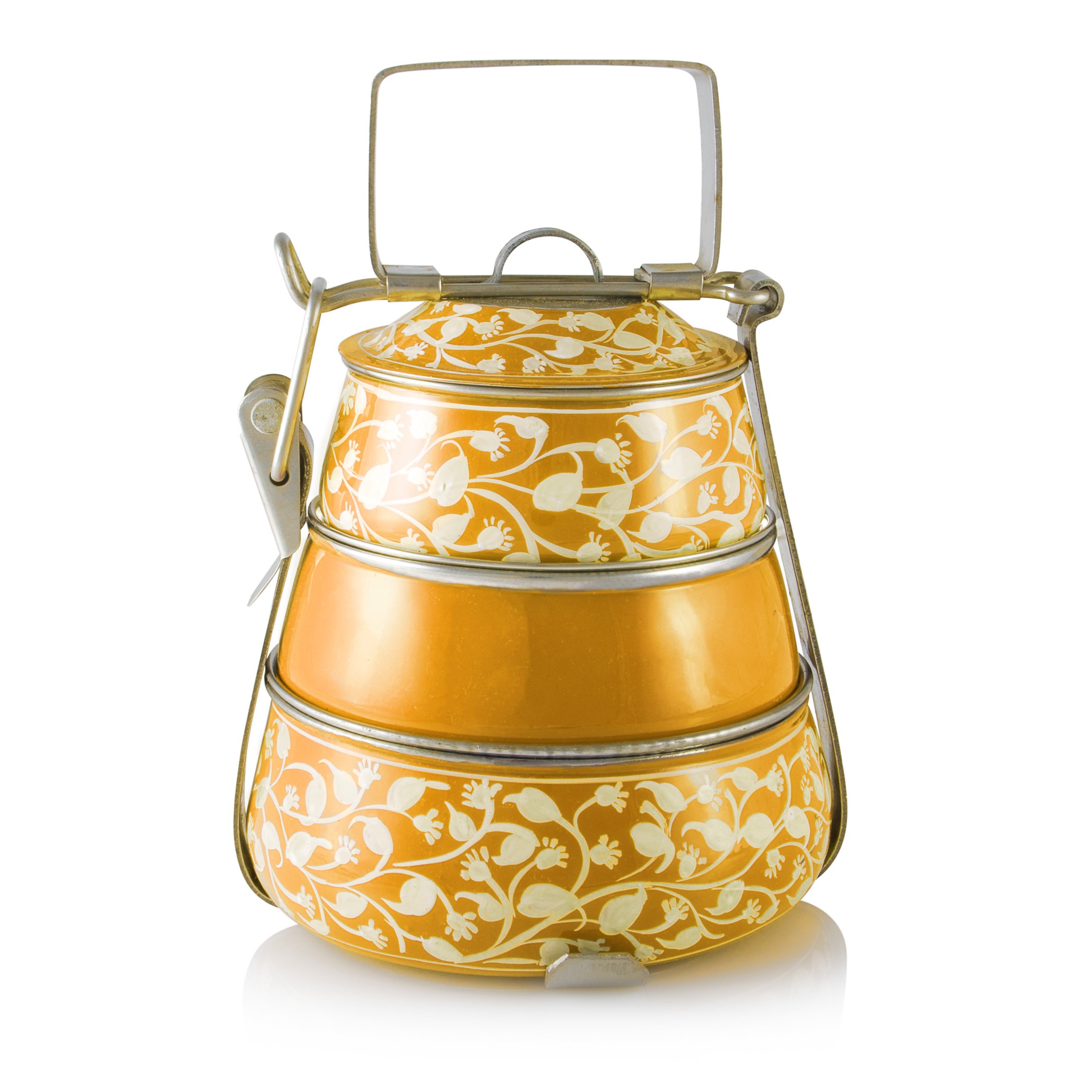 Indian-Tiffin Yellow 3 Tier Pyramid Handpainted Tiffin