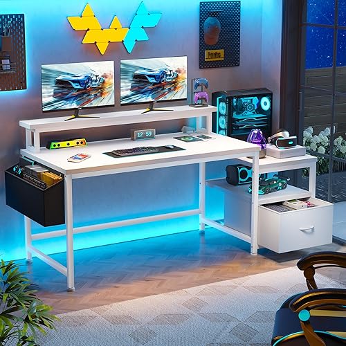 Miniatura 9 de EnHomee Escritorio de oficina de 57 pulgadas con cajones y espacio para impresora, escritorio de computadora con tomas de corriente, escritorios de