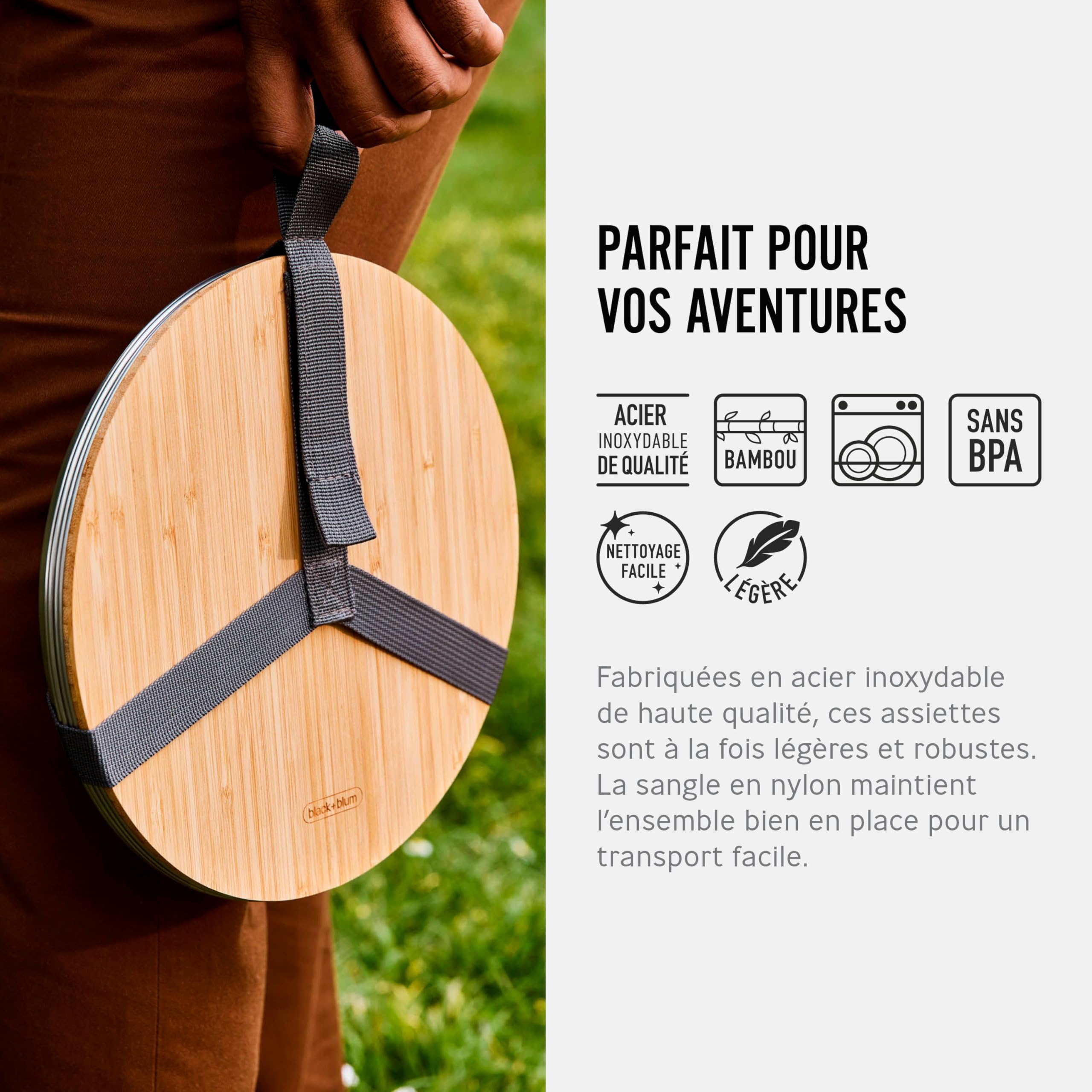Black+Blum Lot de 4 assiettes de pique-nique en acier inoxydable avec couvercle en bambou et sangle de transport