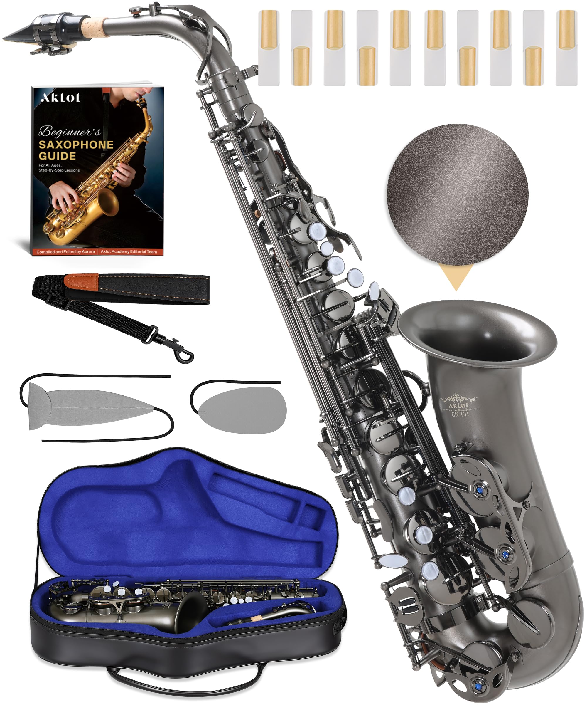 AKLOT Sassofono contralto E-Flat artigianale: corpo in ottone nichel nero opaco con tono profondo e potente, tenuta d'aria sicura, sistema liscio a 23 tasti, include custodia in pelle premium, kit di