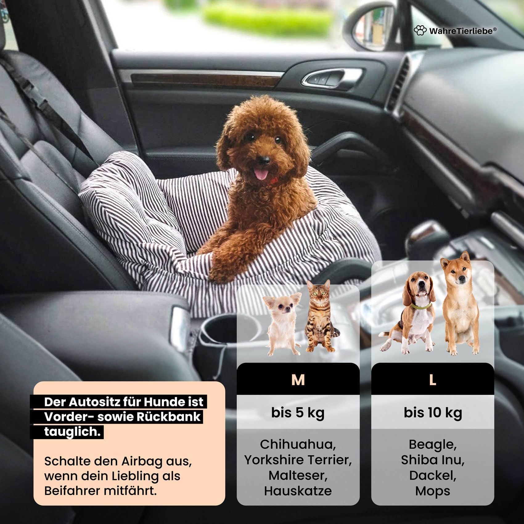 Wahre Tierliebe® - Hunde Autositz inkl. Sicherheitsgurt - waschbarer Hundesitz Auto in schwarz/weiß für kleine, mittlere & große Hunde I Autositz Hund, Hundeautositz, Hund Auto, Hundebox Hundekorb