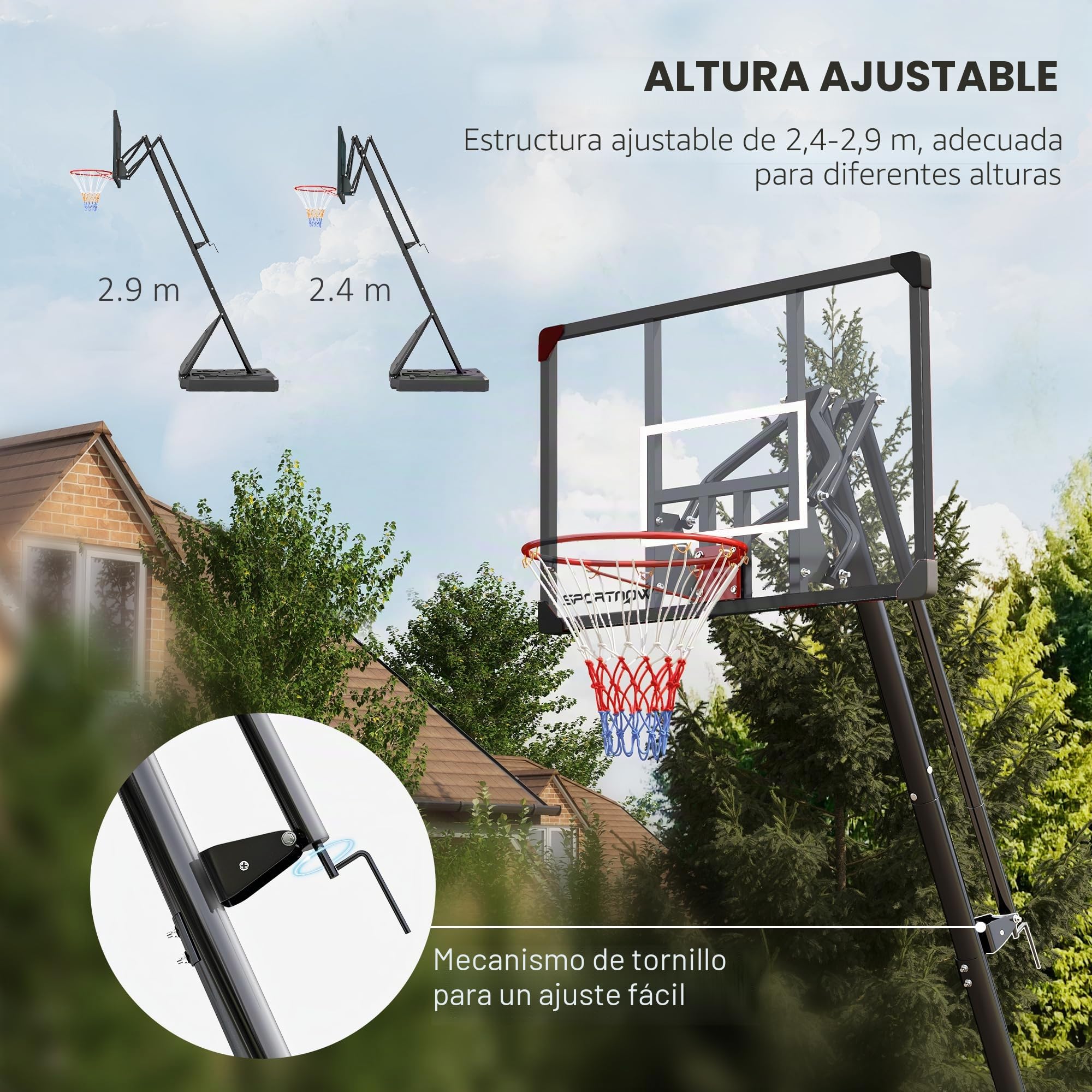 SPORTNOW Canasta de Baloncesto Exterior Altura Ajustable 236-293 cm Tablero PC Aro Ruedas Base Rellenable Negro