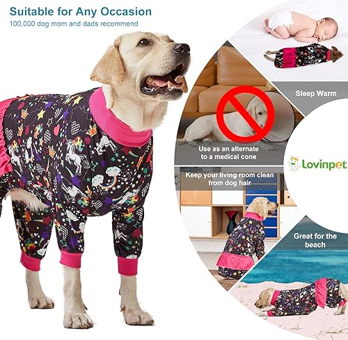 Miniatura 5 de LovinPet Pijama para perros de raza grande, para el cuidado de heridasrecuperación poscirugía para perros grandes, estampado negro de unicornio y