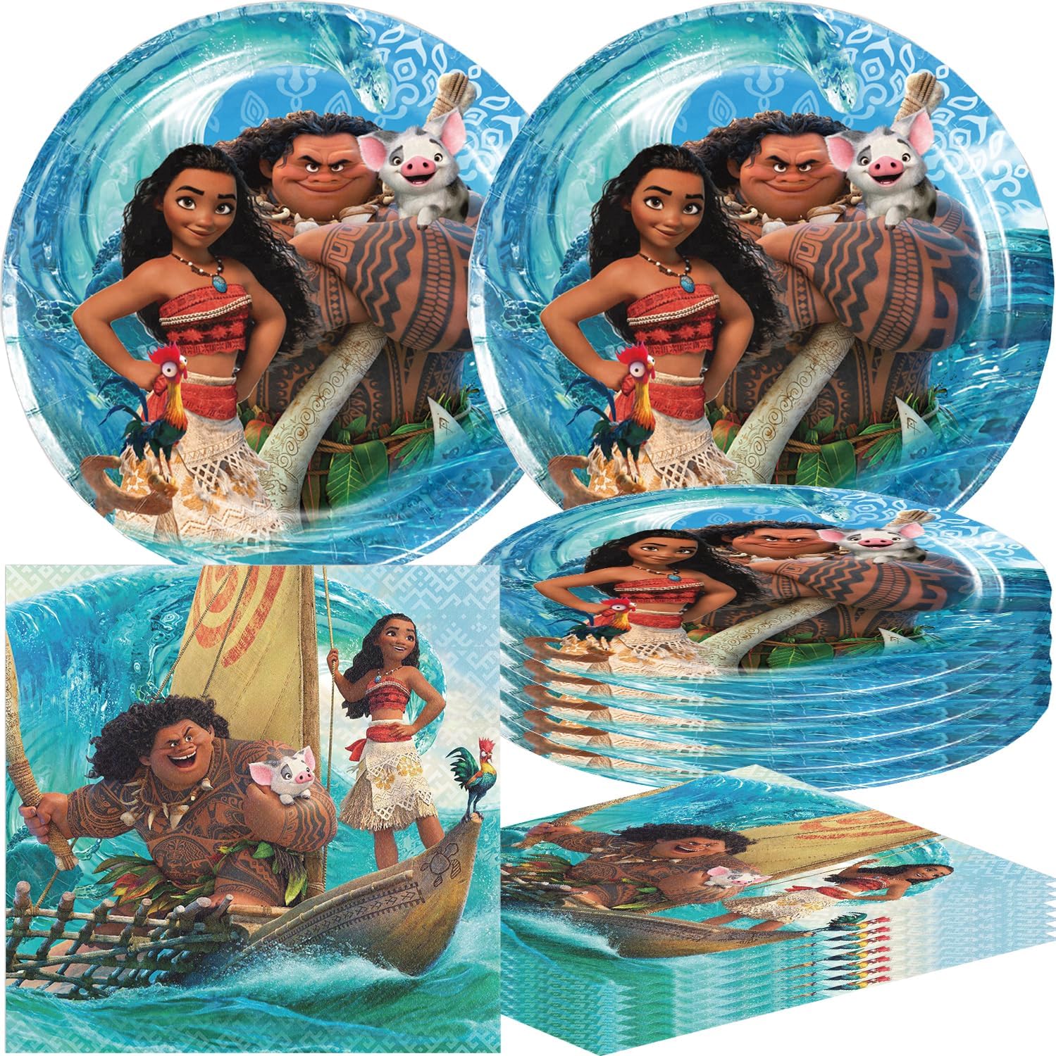 Antetek 40Pack Moana Party Supplies Set, Birthday Decorations Tableware Kit With 20 7''Plates 20 Napkins for Moana Party Decoration (red-6)