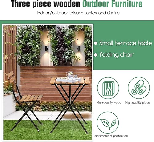 Miniatura 5 de Juego de 3 piezas de muebles de exterior, 2 sillas plegables y marcos de acero y madera resistente a la intemperie, diseño portátil para bistró y