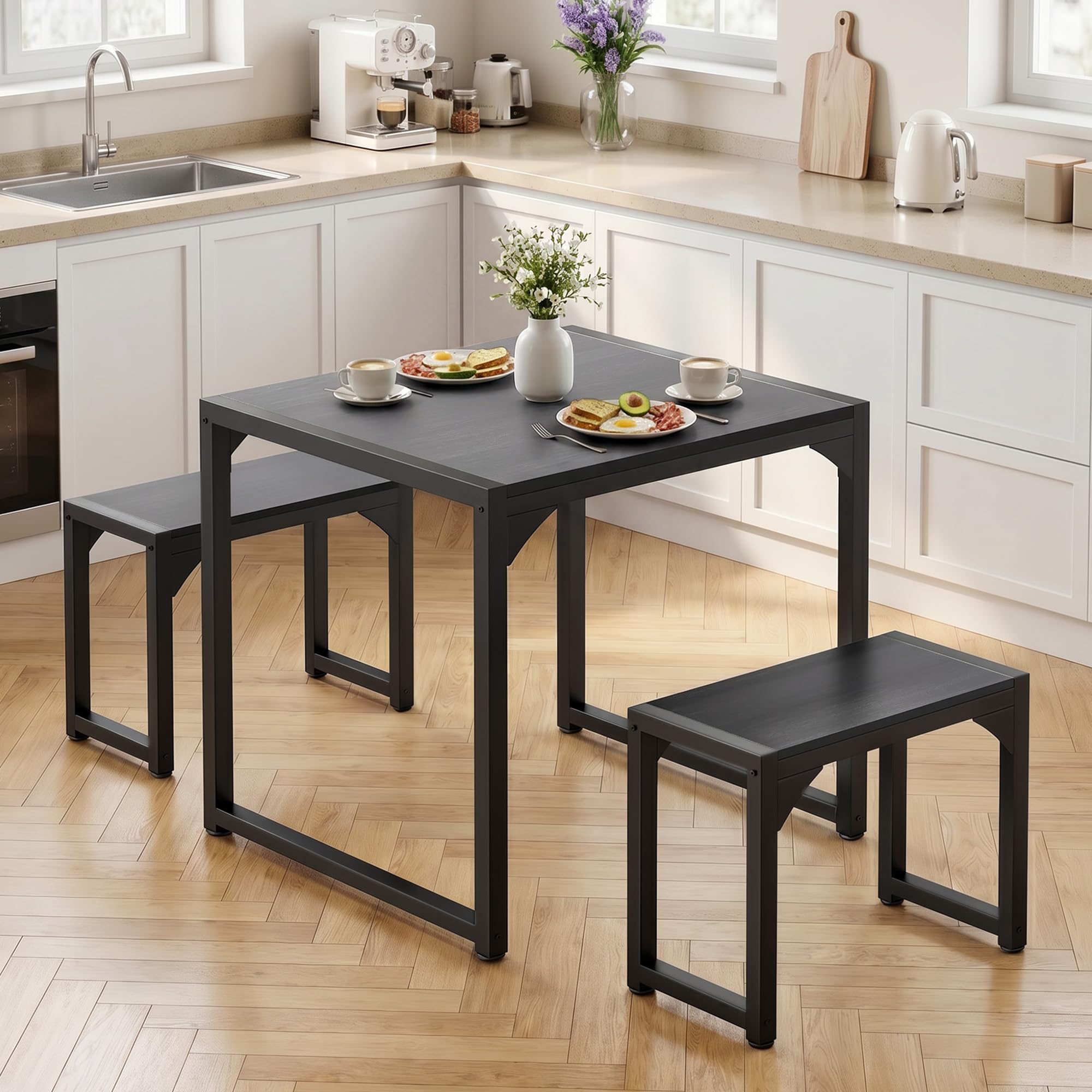 Conjunto de Mesa y 2 Bancos de Comedor de 3 Piezas, Juego de Mesa de Cocina Ahorro de Espacio, Estructura de Metal Industrial Robusta, para Apartamentos Pequeños, Cocina (Negro)