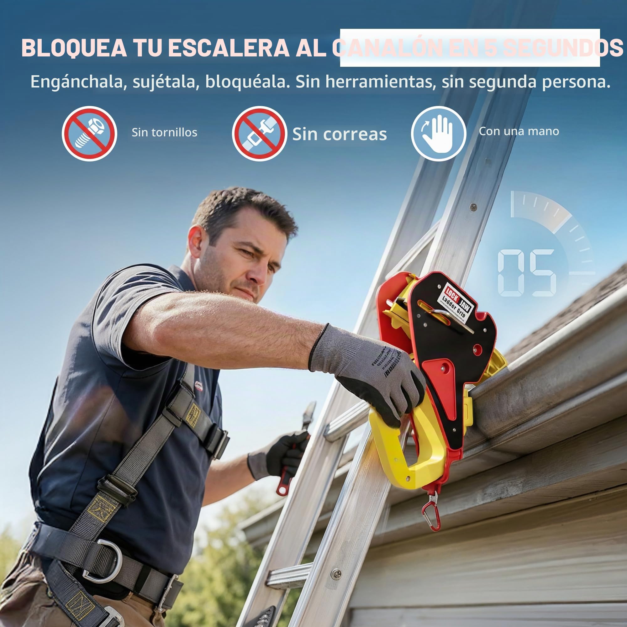 Lock Jaw Ladder Grip - Bloqueo de escalera anticaída - Tope de escalera de montaje rápido - Agarre de escalera para seguridad en el trabajo - Accesorios de escalera - Bloqueo de escalera