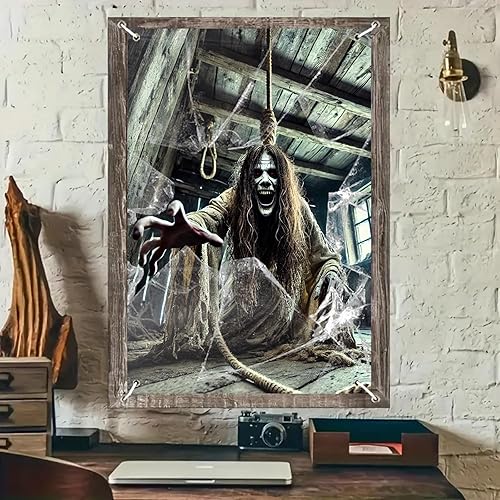 Miniatura 10 de Pancarta de ventana de Halloween de 31 x 47 pulgadas, cubierta de ventana embrujada, fantasma podrido mirando a través de ventanas viejas y sucias