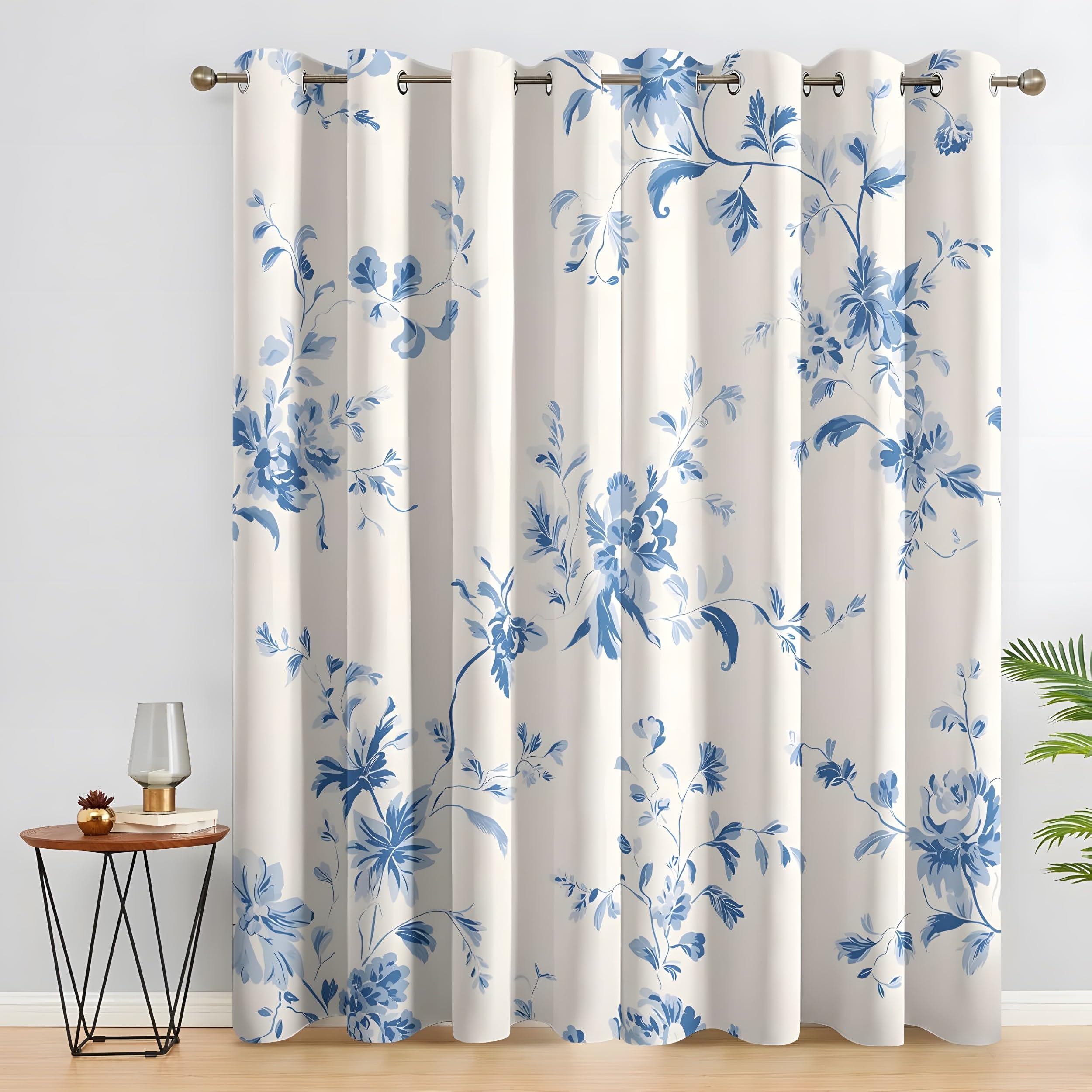 YZQGLHP Blue & White Flowers Curtains, W 66" x L 90" (168 x 228 cm), Fresh Style Blackout and Heat-Insulating Curtains, Curtain 2 Pieces in a Pack, Suitable for Bedrooms and Living Rooms