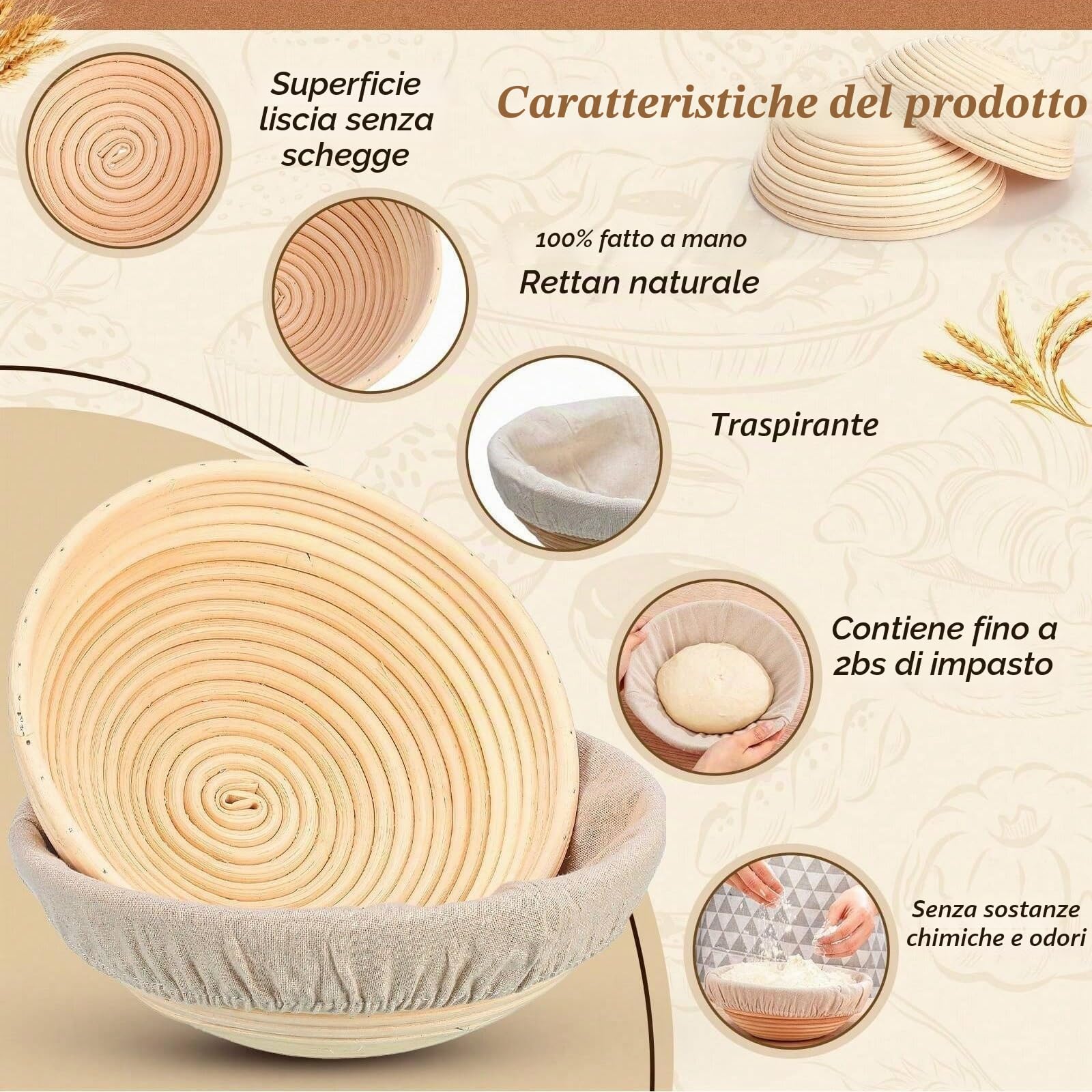 Set di 6 cestini per lievitazione Banneton, cestini per pasta, rotondi, cestini per lievitazione, realizzati a mano, cestini in rattan, artigianato, set per la preparazione del pane al lievito madre
