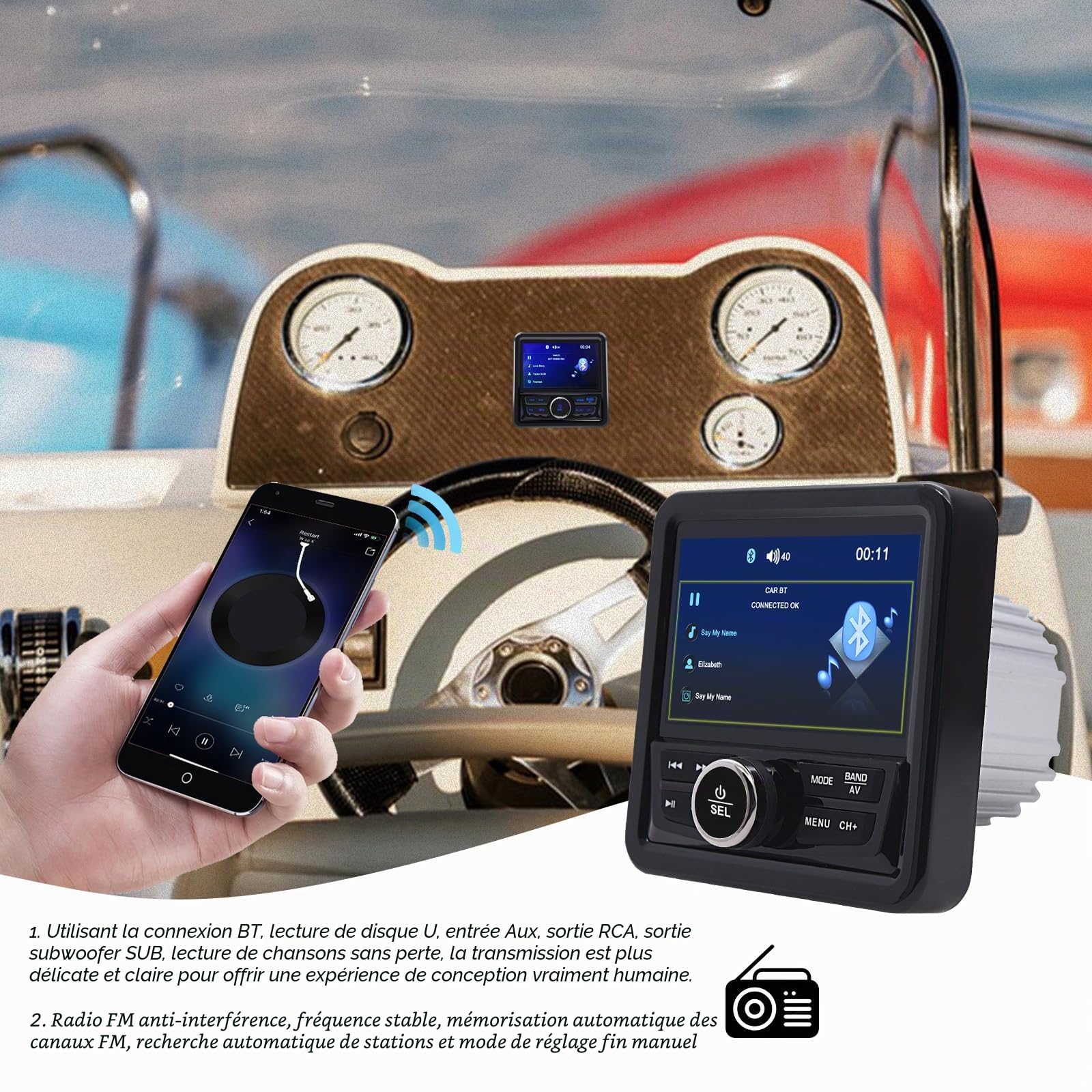 Geloo Stéréo Marine Radio étanche Lecteur Multimédia Récepteur Stéréo | Universel MP3 MP5 pour Bateau, Lecteur Am/Fm pour Yachts, Bateaux Marins