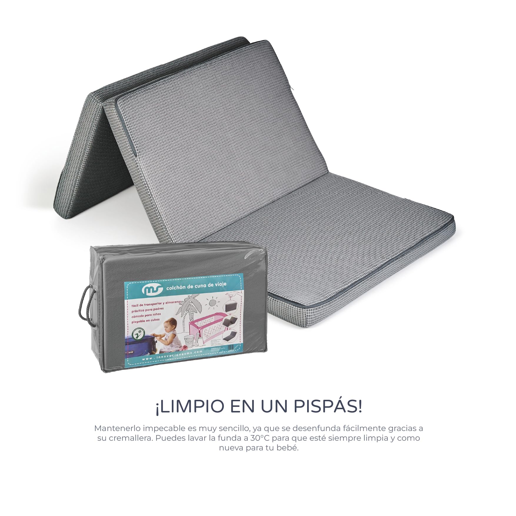 ms BabyWorld - Colchón Kunni – Colchón para Cuna de Viaje | 2 Alturas | 90x60 cm | Desde el Nacimiento a 15Kg | Bolsa Transporte Incluida | Plegado y Montaje Fácil | Ligera y Ruedas (Colchón Extra)