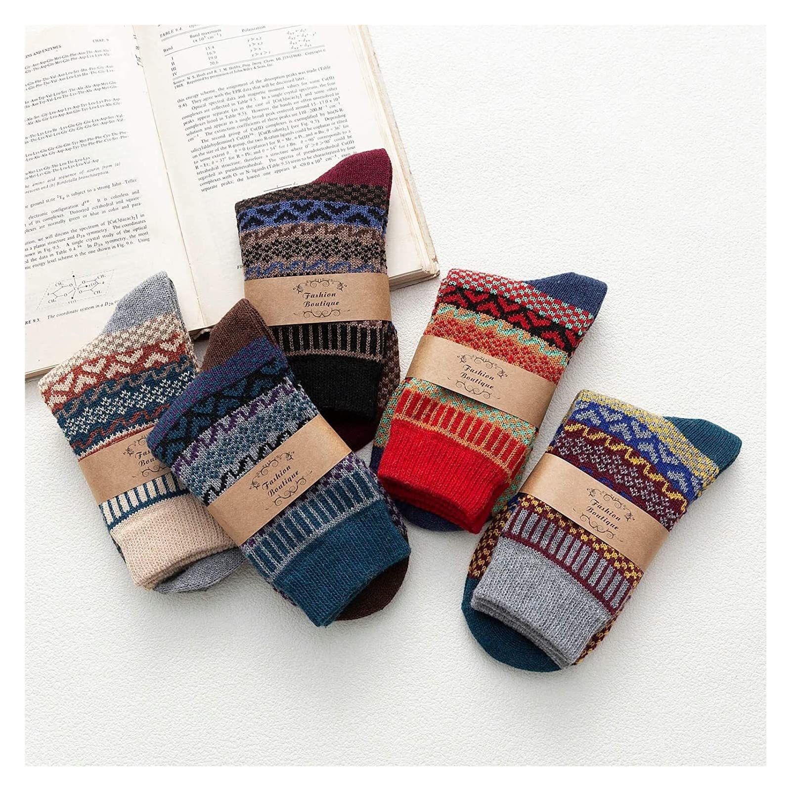 MorLuks 5 paar wintersokken voor dames, thermosokken, gebreide sokken, warme sokken, knuffelsokken, 36-42, Nordic Socks, kleurrijke sokken voor Kerstmis, oudejaarsavond, Valentijnsdag