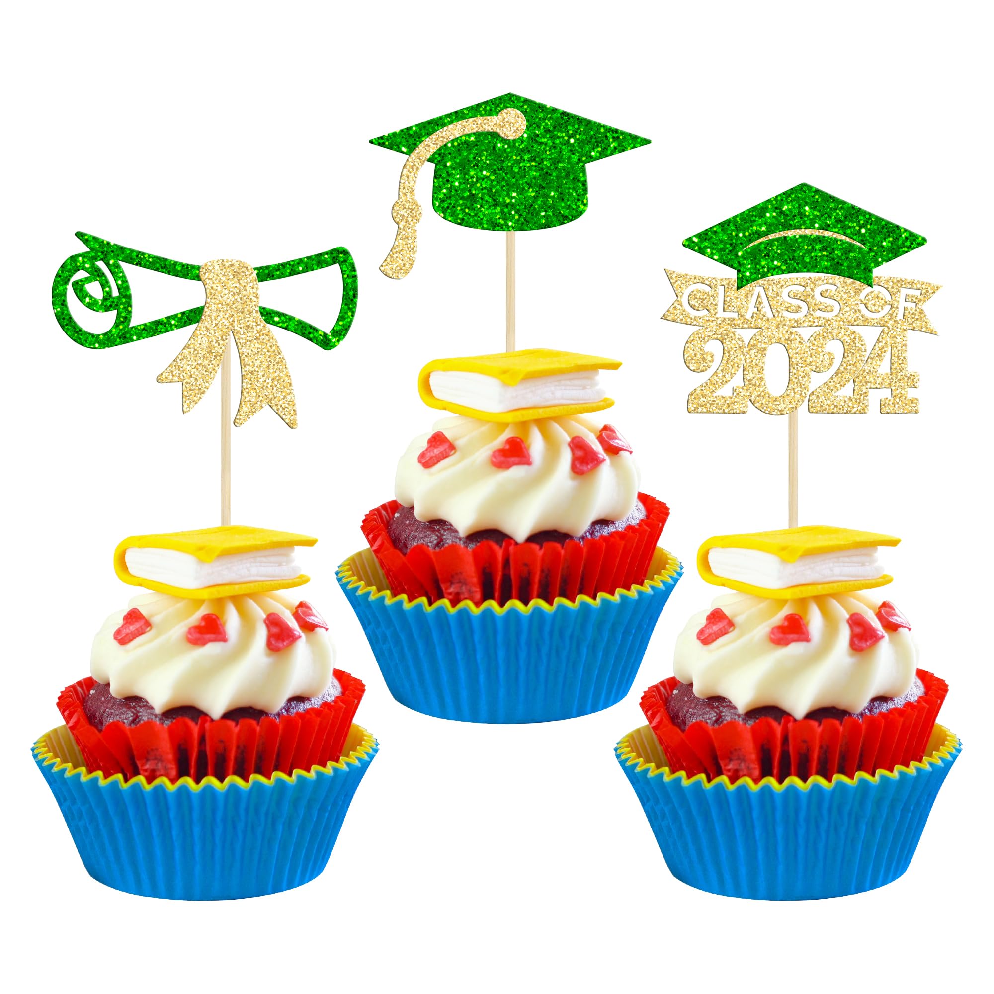 Gyufise 24Pcs 2026 Graduation Theme Cupcake Toppers Glitter Diploma Graduation Cap Class of 2026 Cupcake Picks for 2026 Graduation Theme Party Cake Decorations Supplies Gold Green
