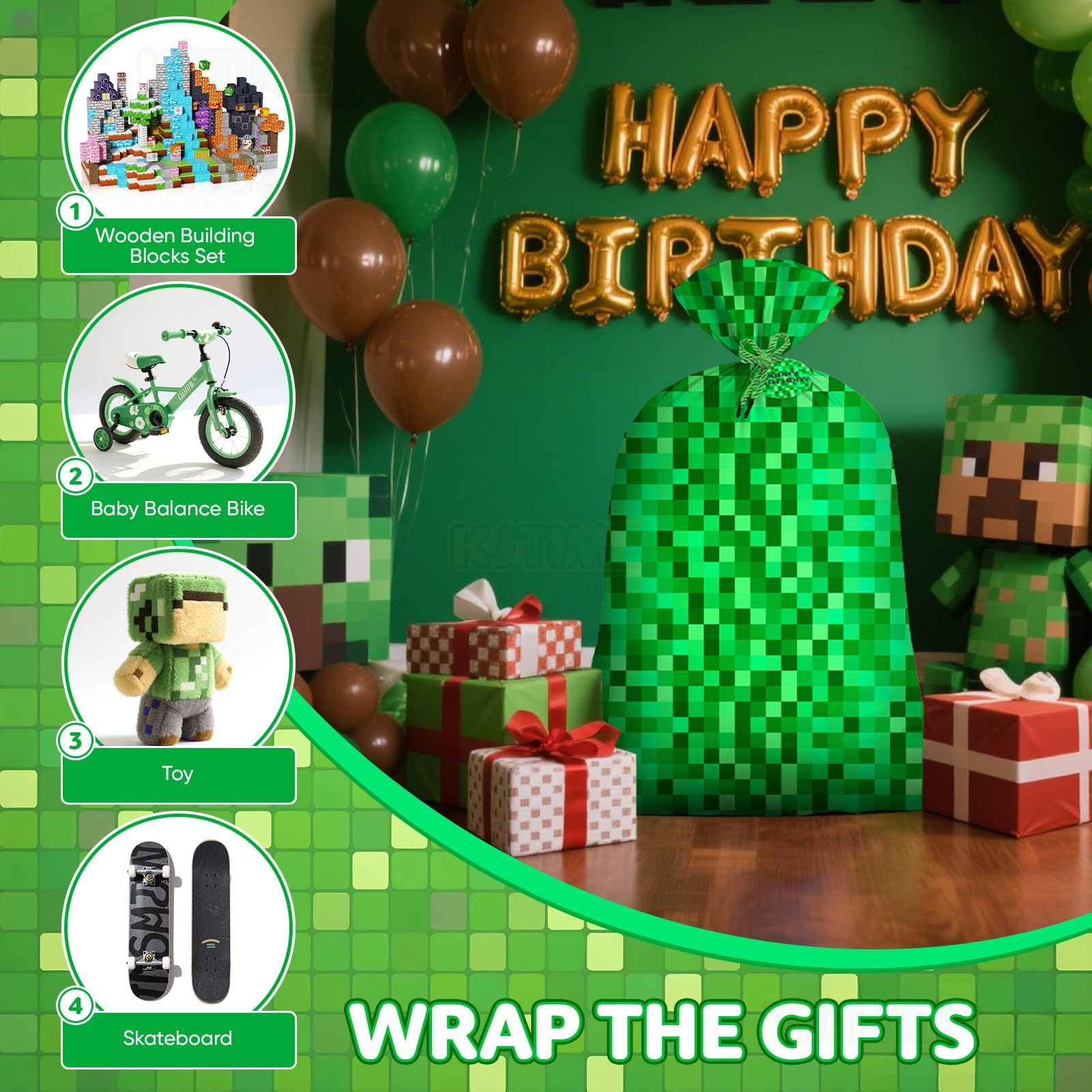 Jumbo Large Plastic Gift Bag Green Pixel Party Favor Bags for Boys 56''x36'' Video Game Kids Birthday Decorations Miner Theme Christmas Party Supplies