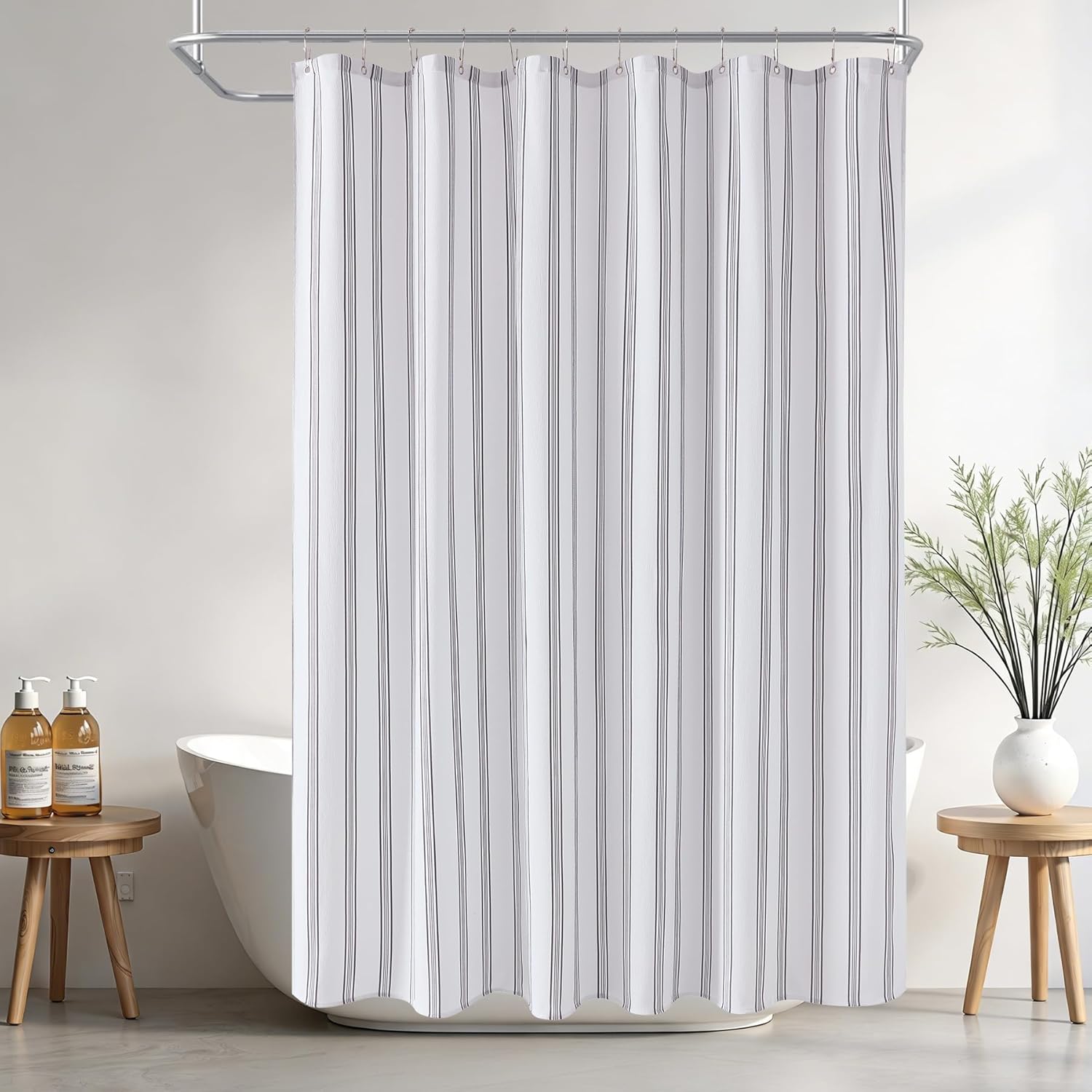 ORTIGIA Black and White Striped Shower Curtain with 12 Metal Hooks, Crinkled Lightweight Textured Fabric Modern Farmhouse Minimalist Shower Curtain for Bathroom 72x72 Inch