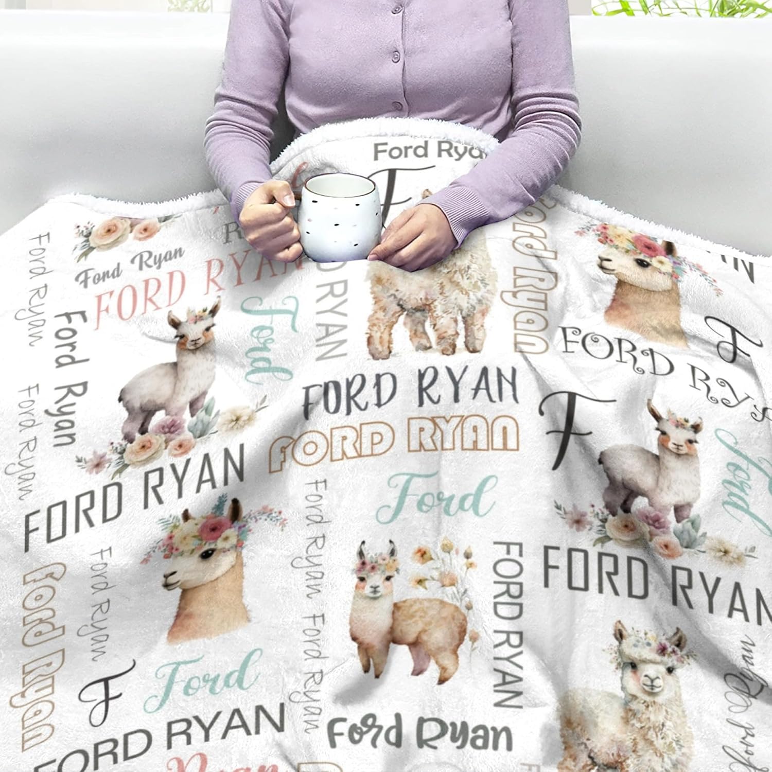 Personalized Baby Blankets for Boys Girls Sherpa Blanket Custom Baby Blanket with Name Alpaca Llama Newborn Nursery Sherpa Throw Blankets Soft Fleece Receiving Blankets Girl Toddler Blankets
