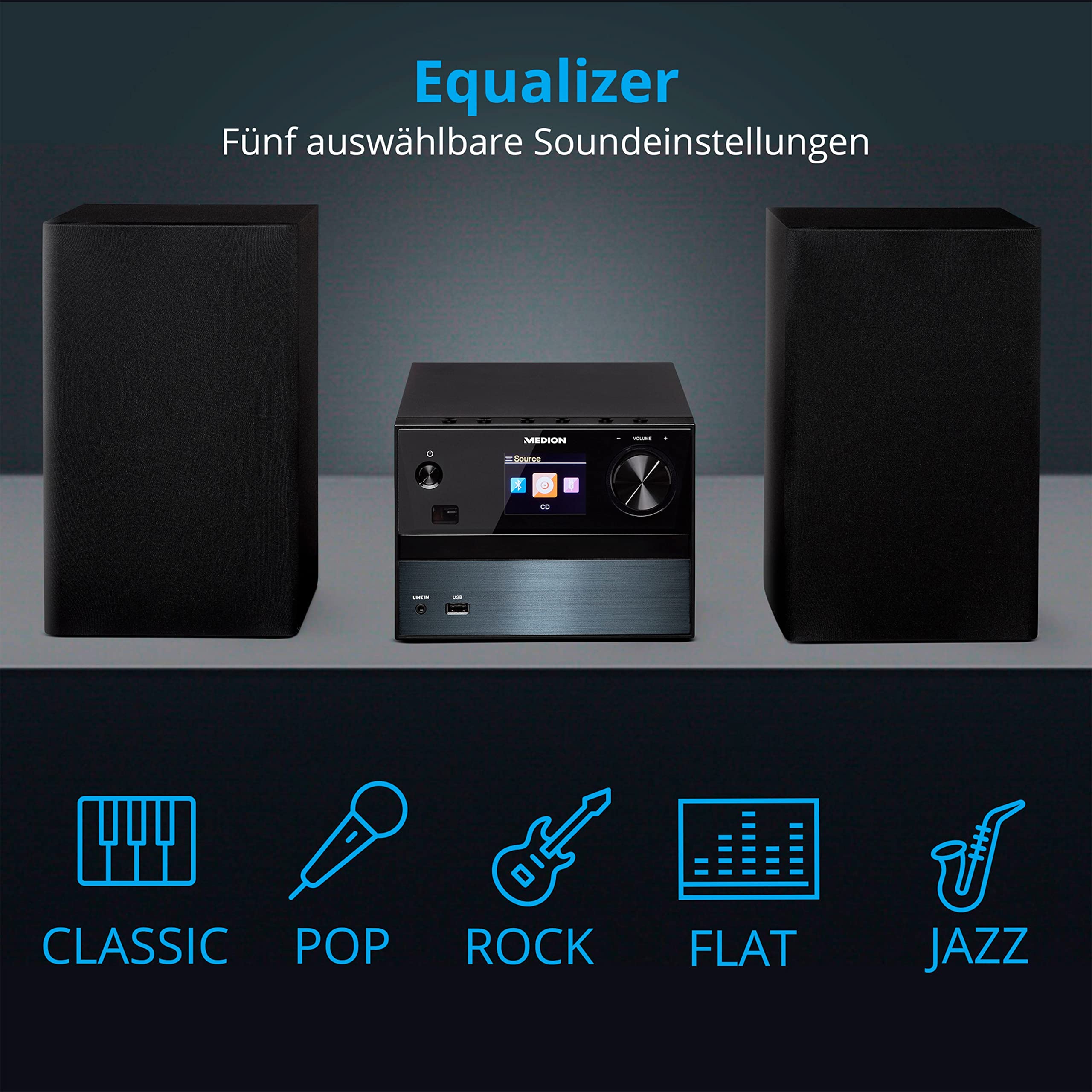 MEDION P64014 Micro Audio System Kompaktanlage (DAB+, CD-Player, PLL UKW Radio, Bluetooth, USB Anschluss, AUX) Titan