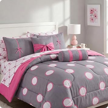 VCNY Home Mina Bed in a Bag, 10-Piece Full, Pink/White/Grey | Reversible Comforter, Matching Pillows, Sheets & Bedskirt, Pink, White, Grey Polka Dots, Midweight All Season Comfort